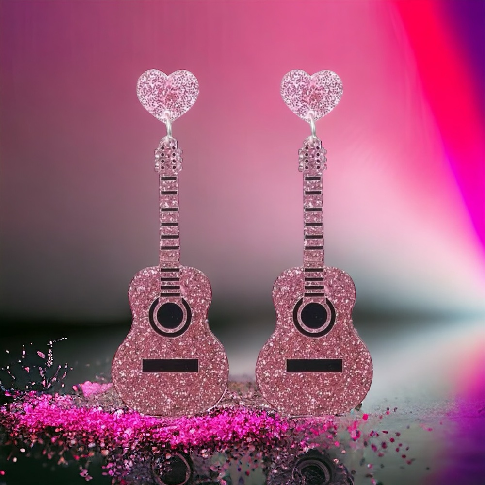 Sparkle with style: Pink guitar glitter acrylic earrings - Picture 7 of 13